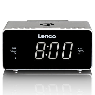 LENCO CR-550SI - Stereo FM Clock Radio with USB and Qi Wireless Smartphone charging - Silver
